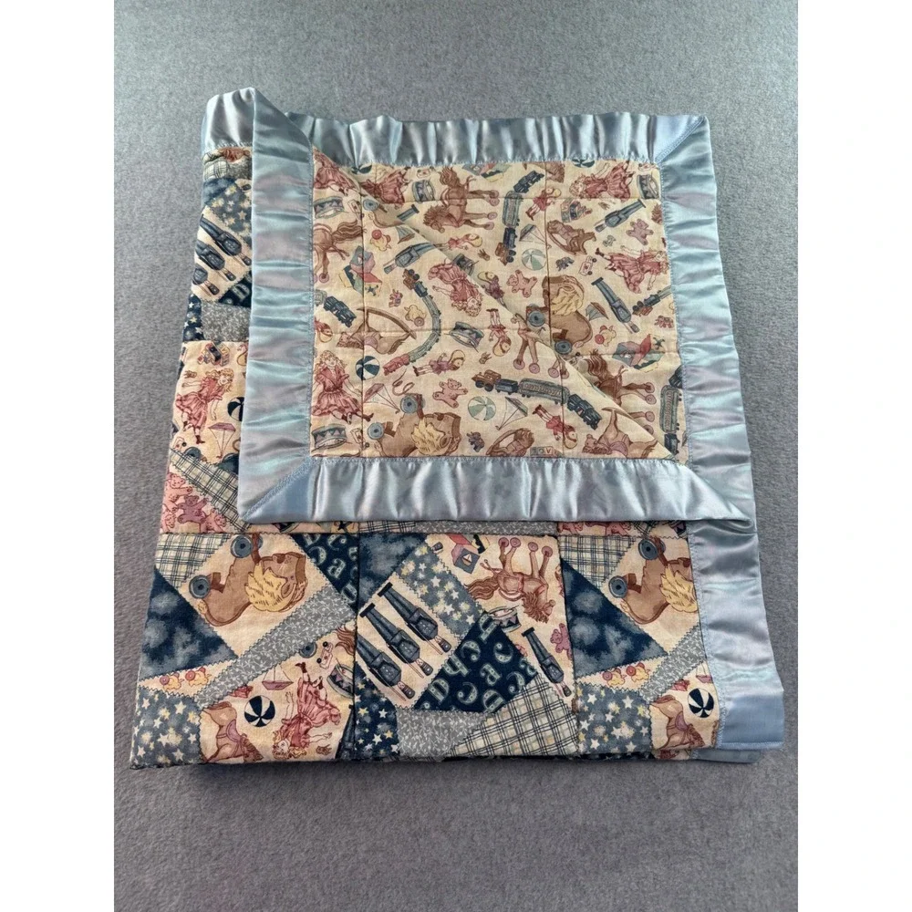 Vintage Toy Patchwork Baby Quilt Blue Satin Trim Rocking Horse Tin Soldier 35x42